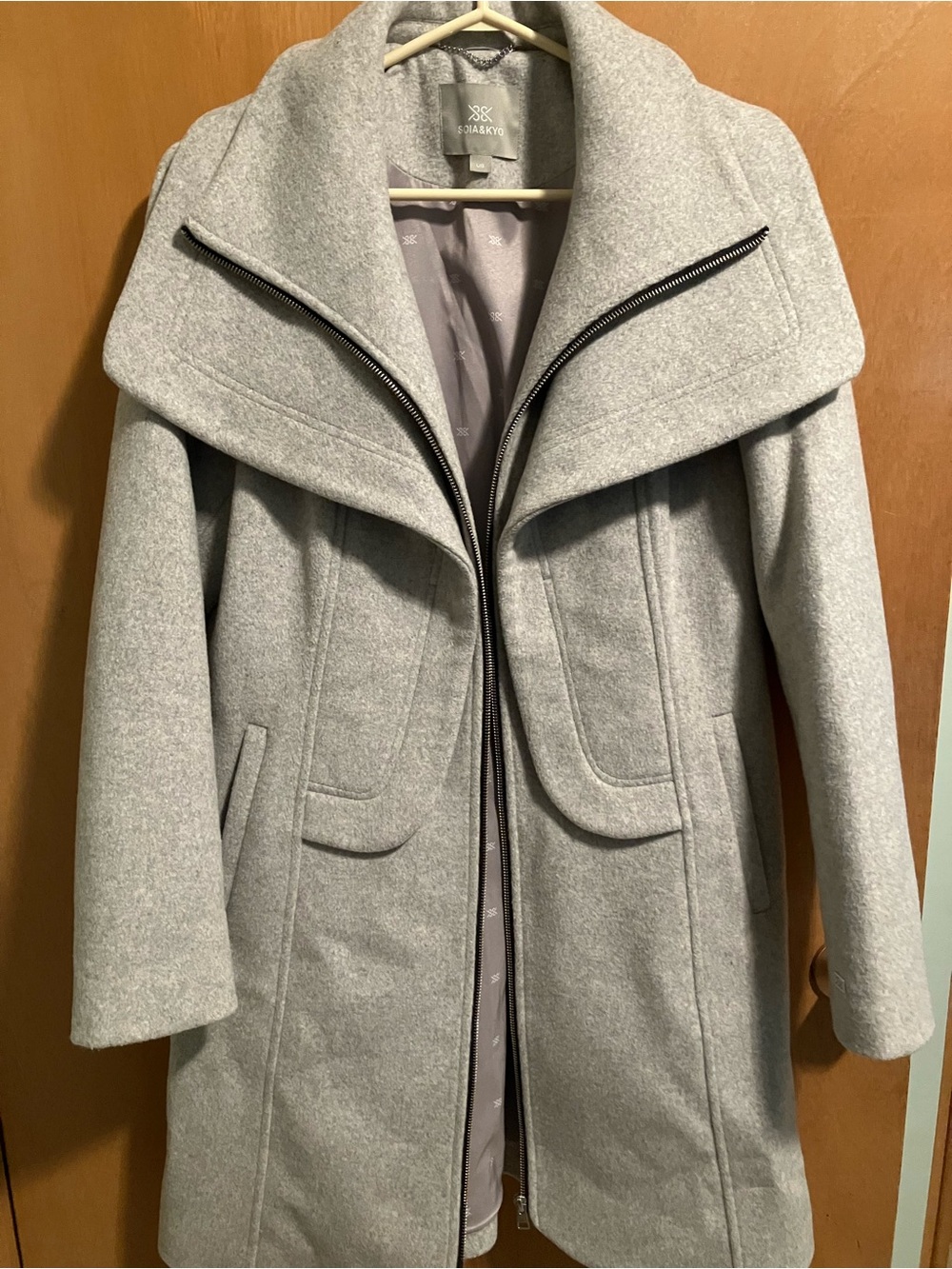Soia & Kyo Light Gray Wool-Blend Asymmetrical Zip Trench Coat